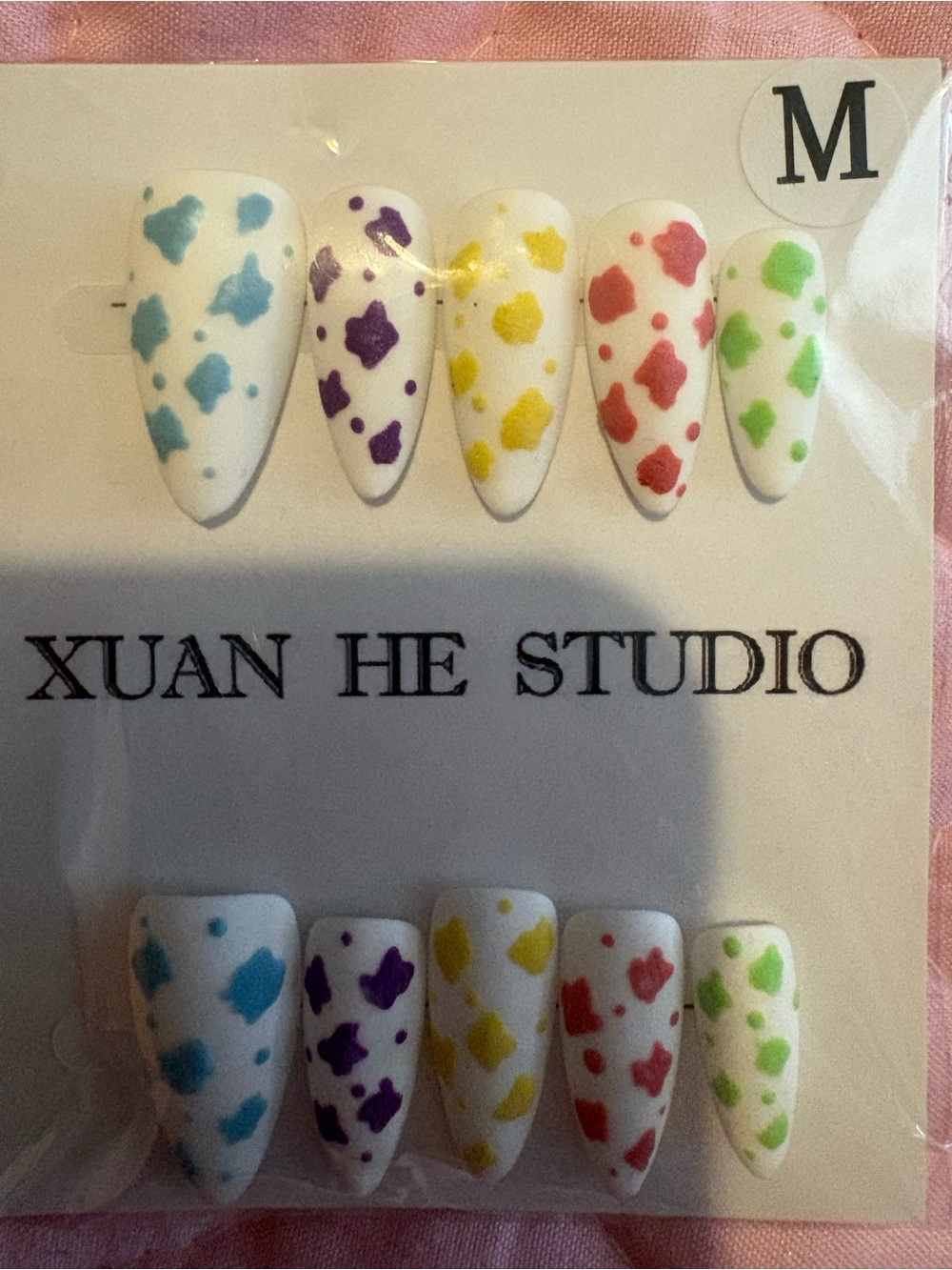 White Press-On Nails with Multicolor Spots size Medium